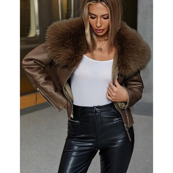 ⚡Women's Brown Faux Leather Jacket Moto Biker Lined Coat Removable Fur Collar - Picture 6 of 6